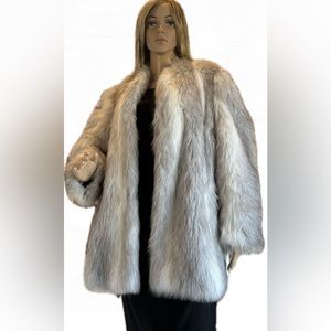 West Valley Forge Unique 70” White Casper Faux Fur Coat w/Silver Accents